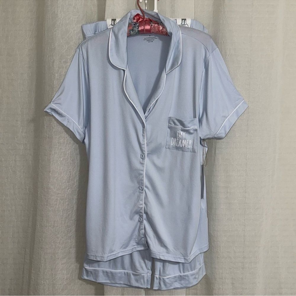 RAE DUNN. XL Light Blue White Notch Collar Short Sleeve Button Top Cropped PJ
